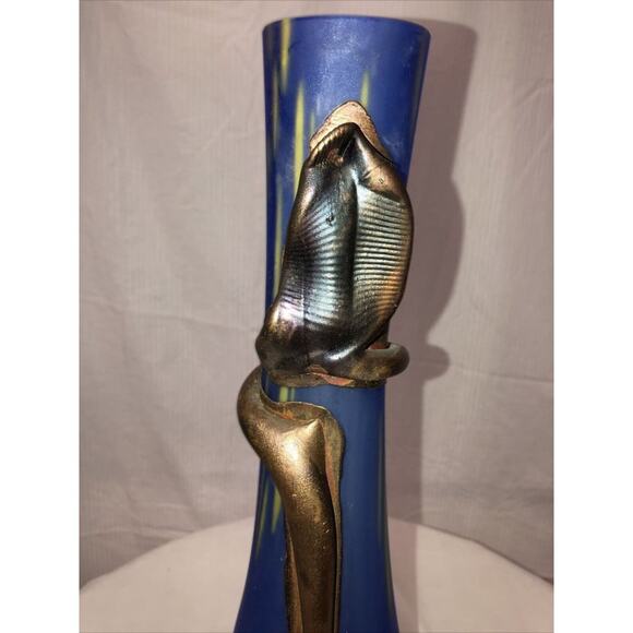 Handmade Blown Glass Vase Engraved with Metal Blue yellow Art Nouveau Style - Picture 6 of 11